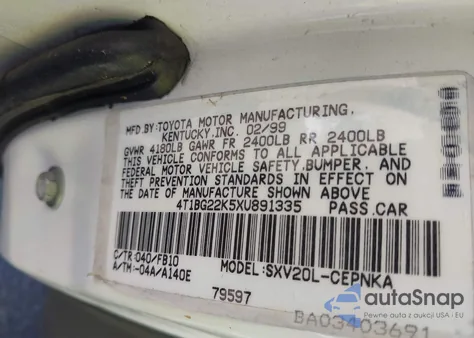 1999 Toyota Camry Le z USA, uszkodzony, nr VIN 4T1BG22K5XU891335